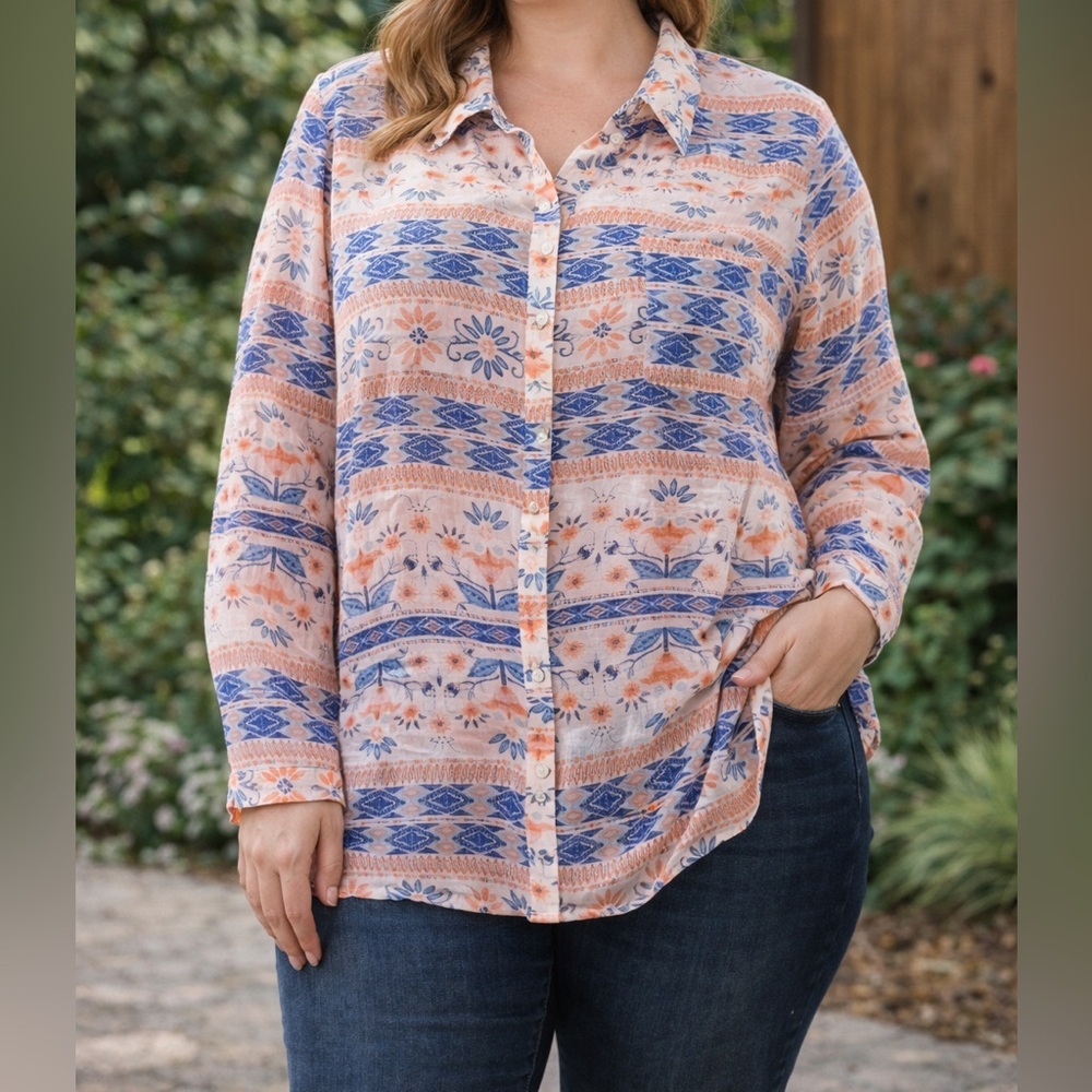 NWT Floral Aztec Geo Button-Front Blouse | Semi-Sheer Boho Top | Size 1X